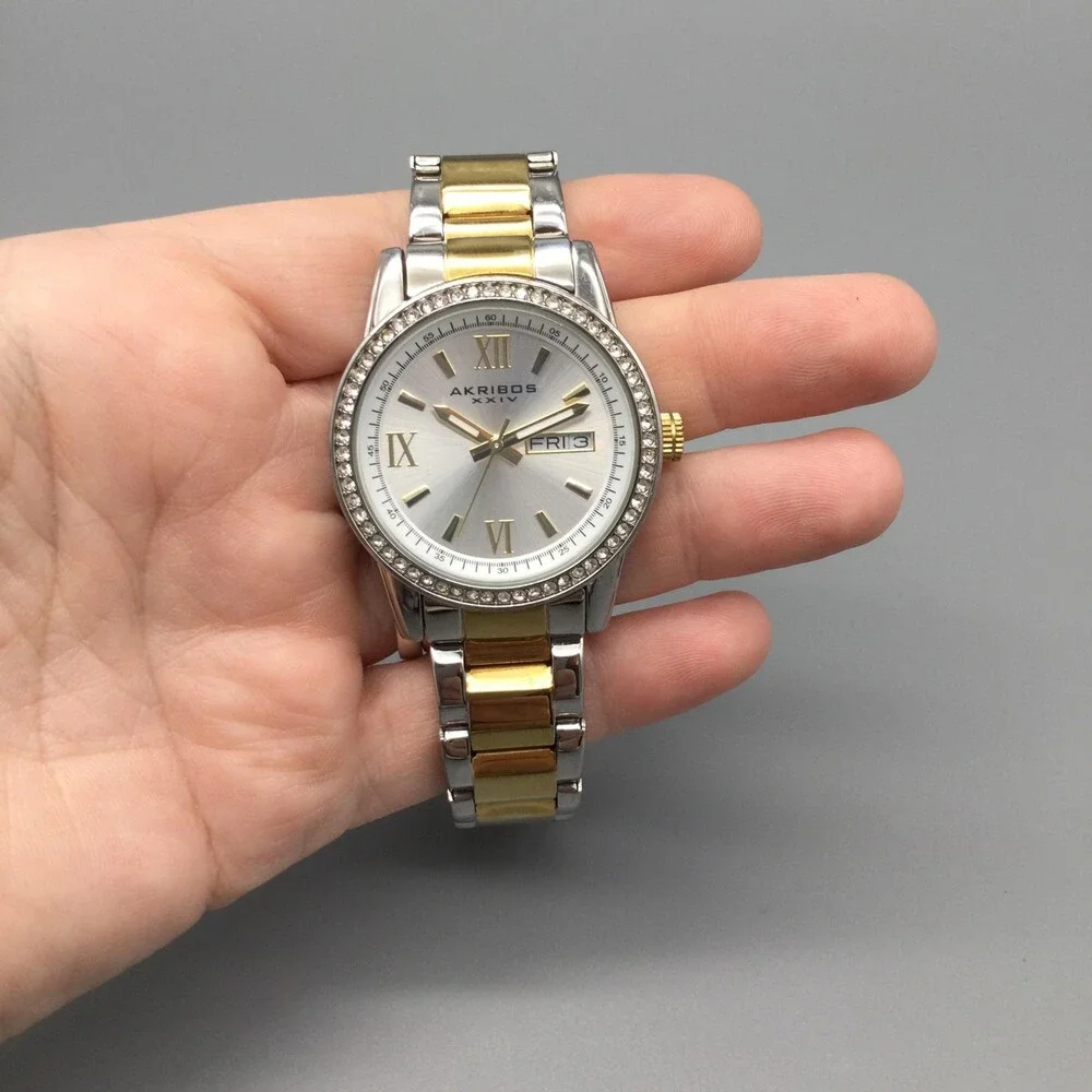 Akribos XXIV Womens Watch 36mm Two Tone Crystal Bezel Day Date New Battery 6